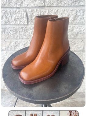 Loeffler Randall Cognac Leather Block Heel Ankle Boots